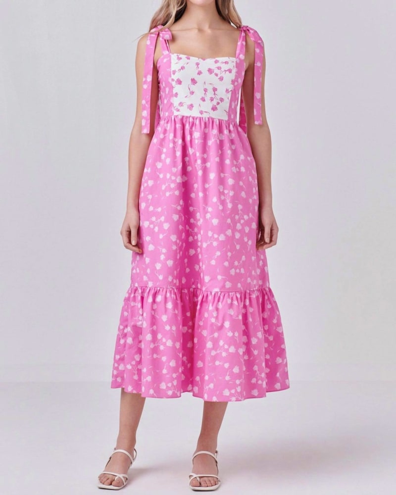 Front of a model wearing a size Large Blush And Bashful Dress in Pink/White in Pink/White by English Factory. | dia_product_style_image_id:339348